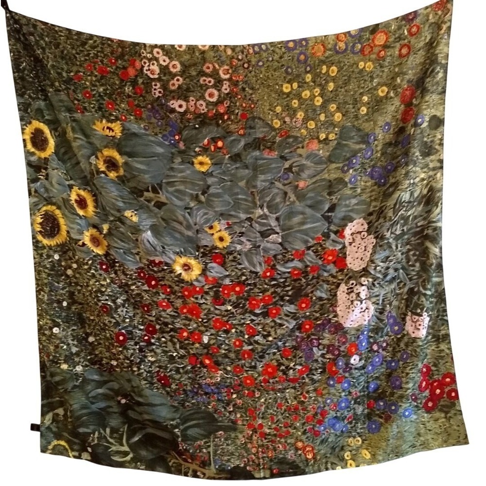 Gustav Klimt Wildflowers 100% Pure Silk Scarf Rolled Edge Austria Square 45"x45"
